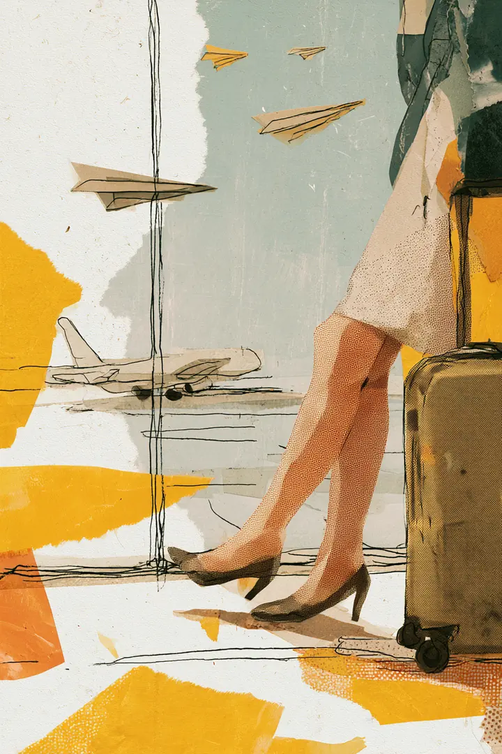 A woman's feet at a floor-to-ceiling airport window as a paper plane lifts off past the glass