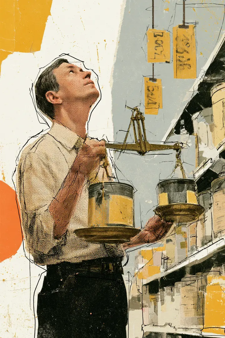 American man in a hardware store aisle weighing two paint cans on a brass balance scale, weighing two personal loan lenders