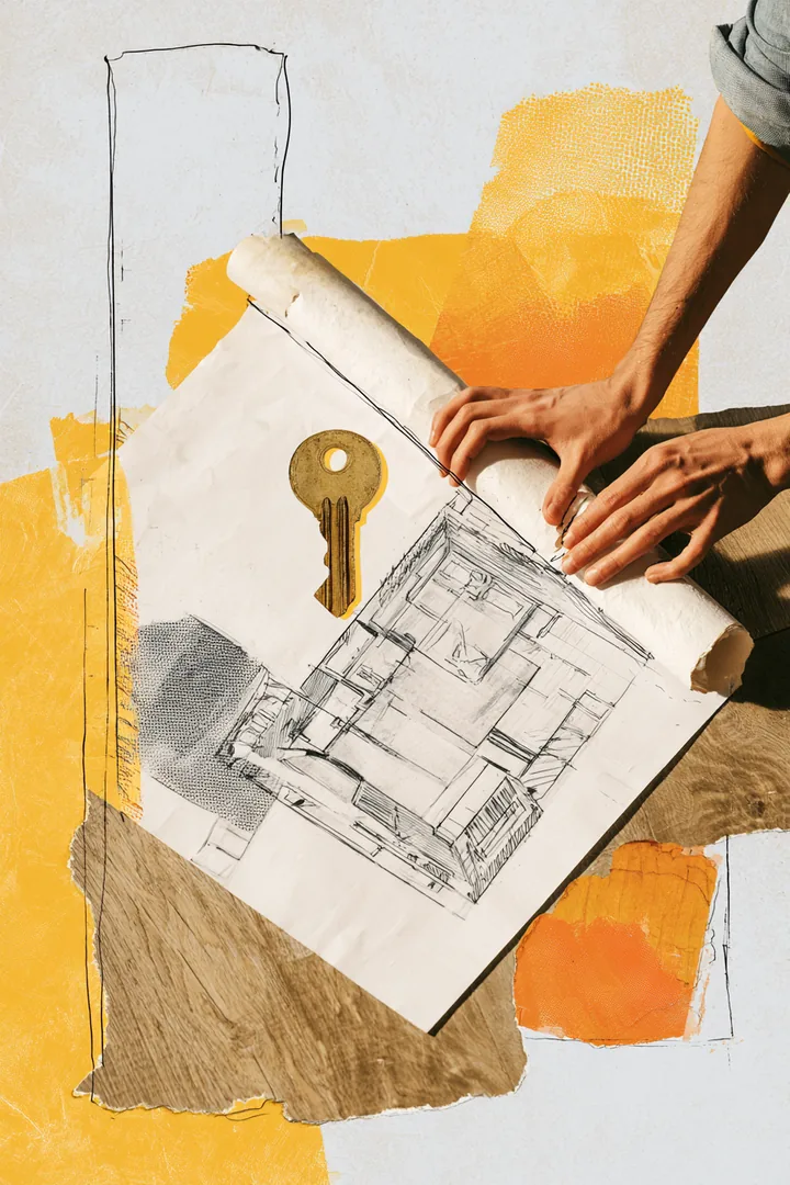 A young man's hands unrolling a large paper floor plan across a kitchen counter with two paper keys on top