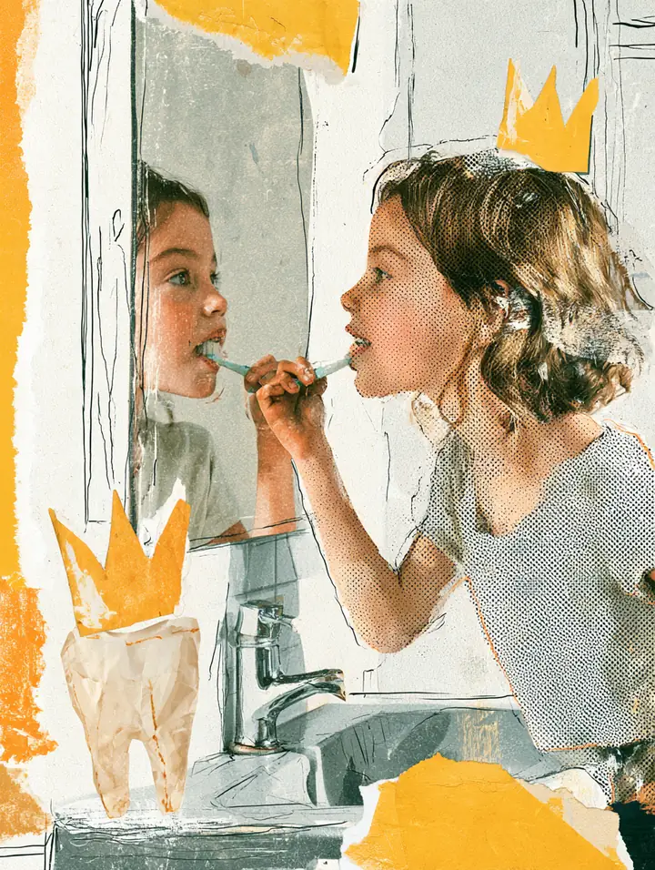 American girl brushing her teeth in a bathroom mirror with a paper tooth and a small coin on the sink