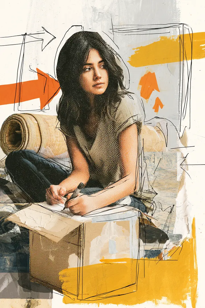American woman labeling a cardboard moving box with a marker while paper arrows point across the room