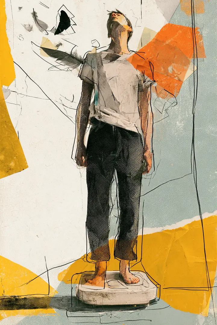 American man standing on a bathroom scale with cut-paper credit cards sliding off the sides, the weight of many balances