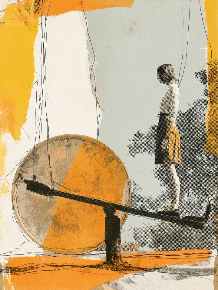 American woman balancing on a playground see-saw against a giant paper coin, balancing a personal loan payment against a budget