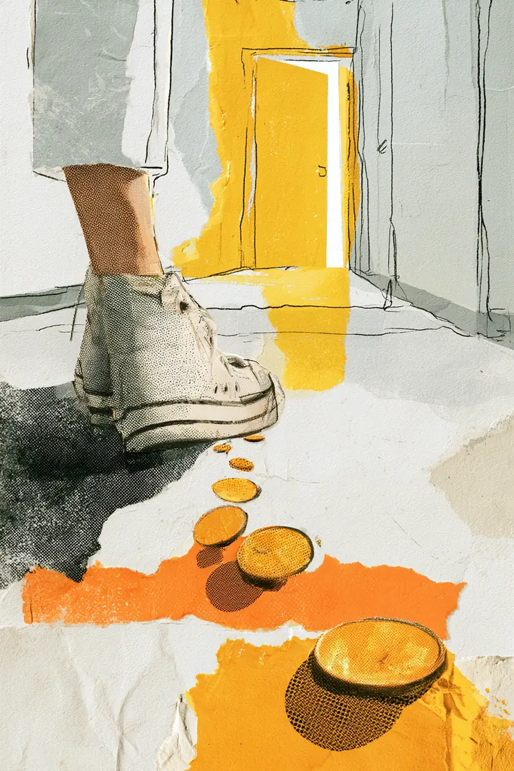 A nurse's sneakers on a hospital corridor floor following a trail of paper coins toward a bright exit
