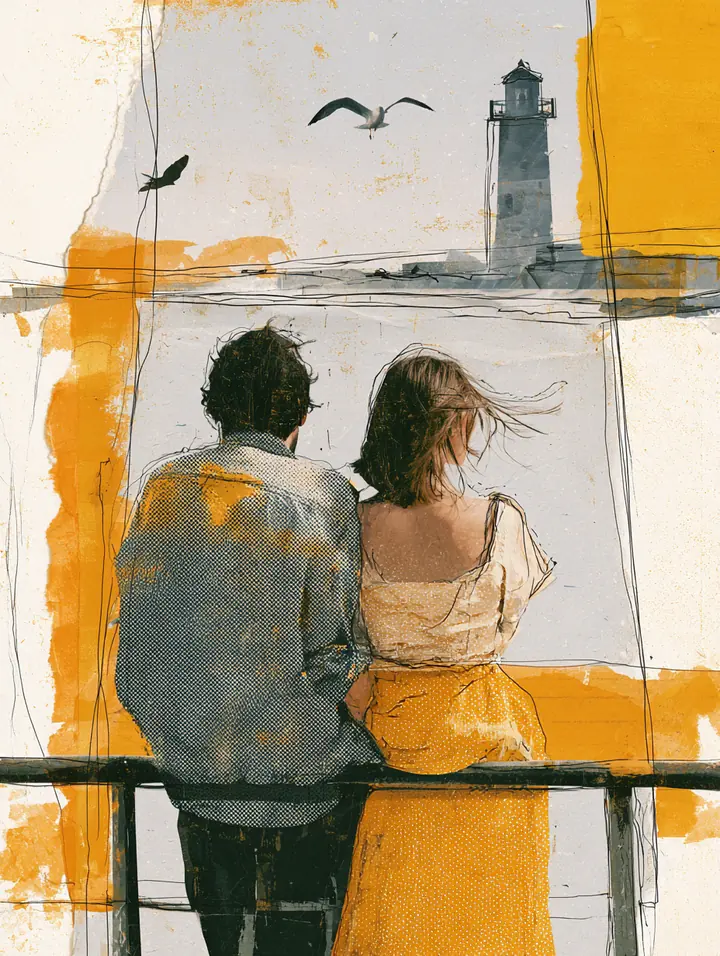 American couple leaning on a ferry deck rail with paper seagulls and a lighthouse, a vacation loan trip in progress