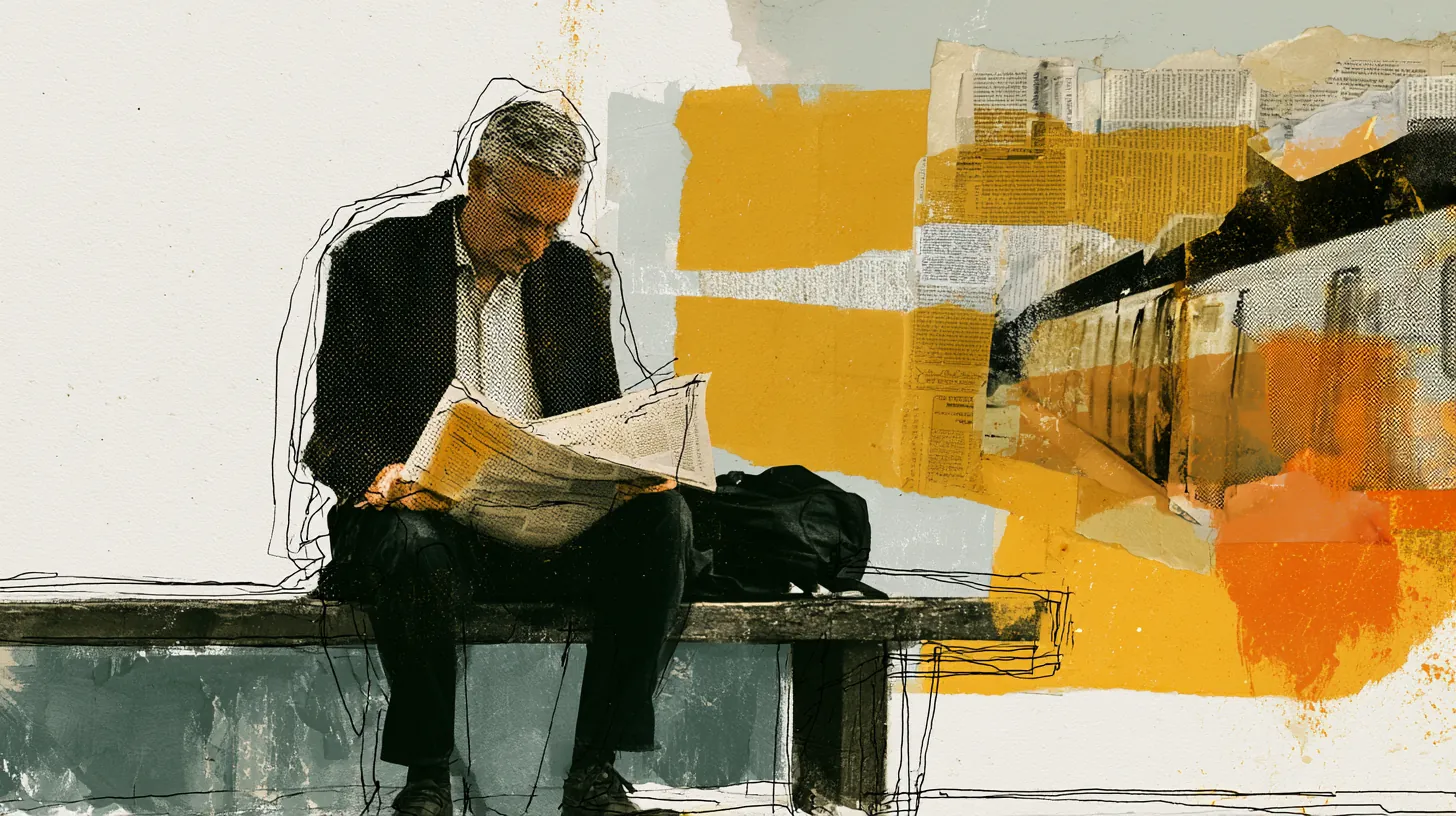 American man reading a folded newspaper on a subway platform bench with torn newsprint in the background, the Split Rent Payments blog