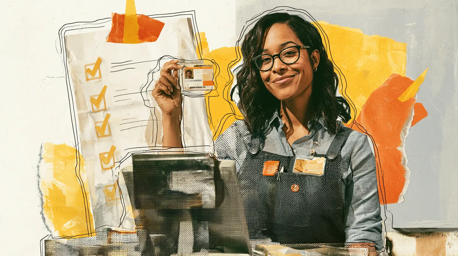 American grocery store employee holding up an ID badge at a checkout lane beside a paper checklist, illustrating personal loan eligibility