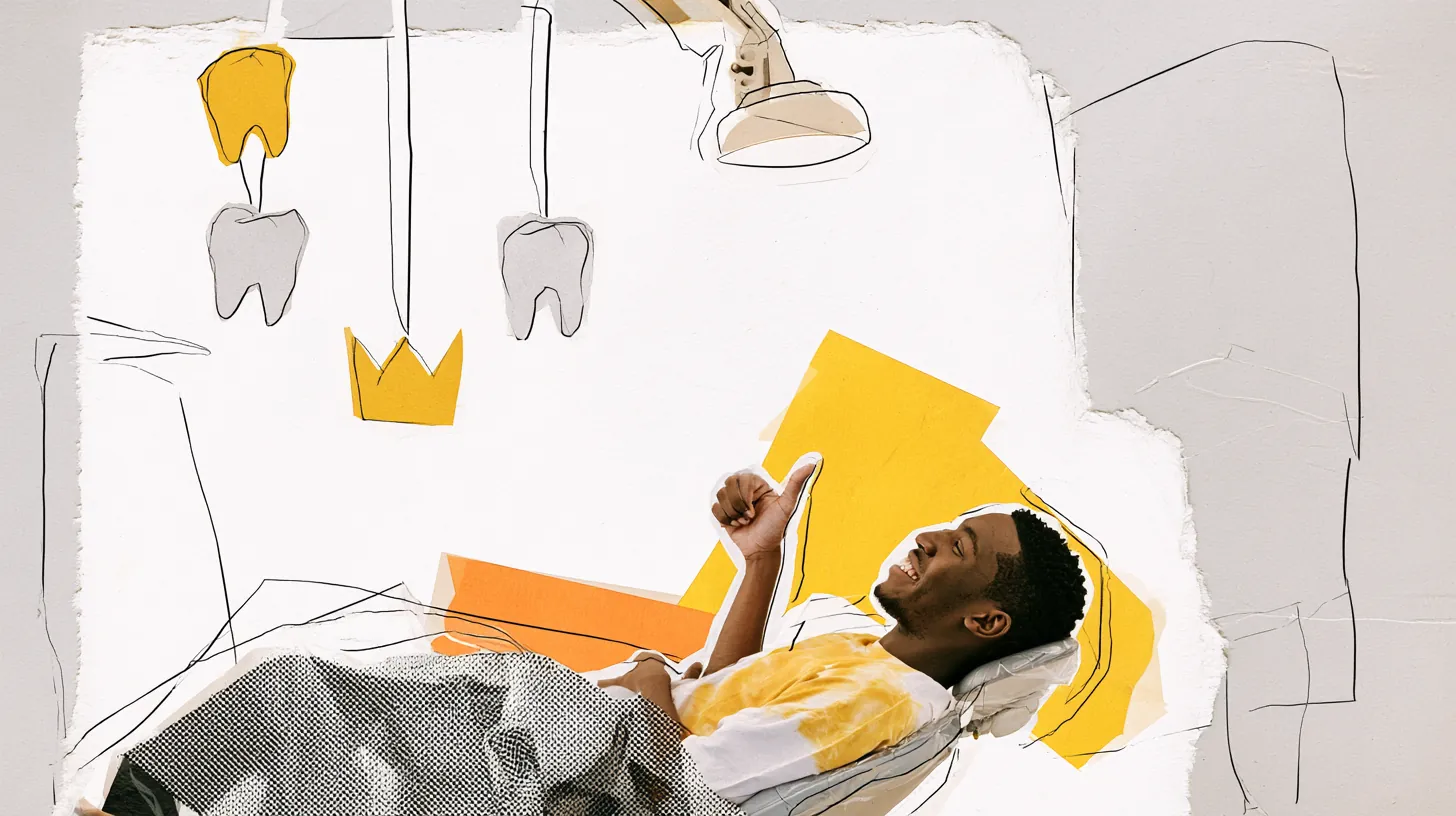American patient reclining in a dentist chair giving a thumbs-up while a paper bill floats beside the light, an unexpected dental bill