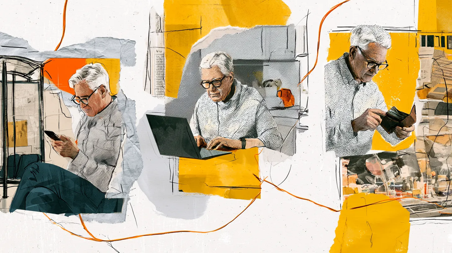 Three connected collage panels of the same American man: filling out a form, reading a phone, and holding house keys, how Split Rent Payments works