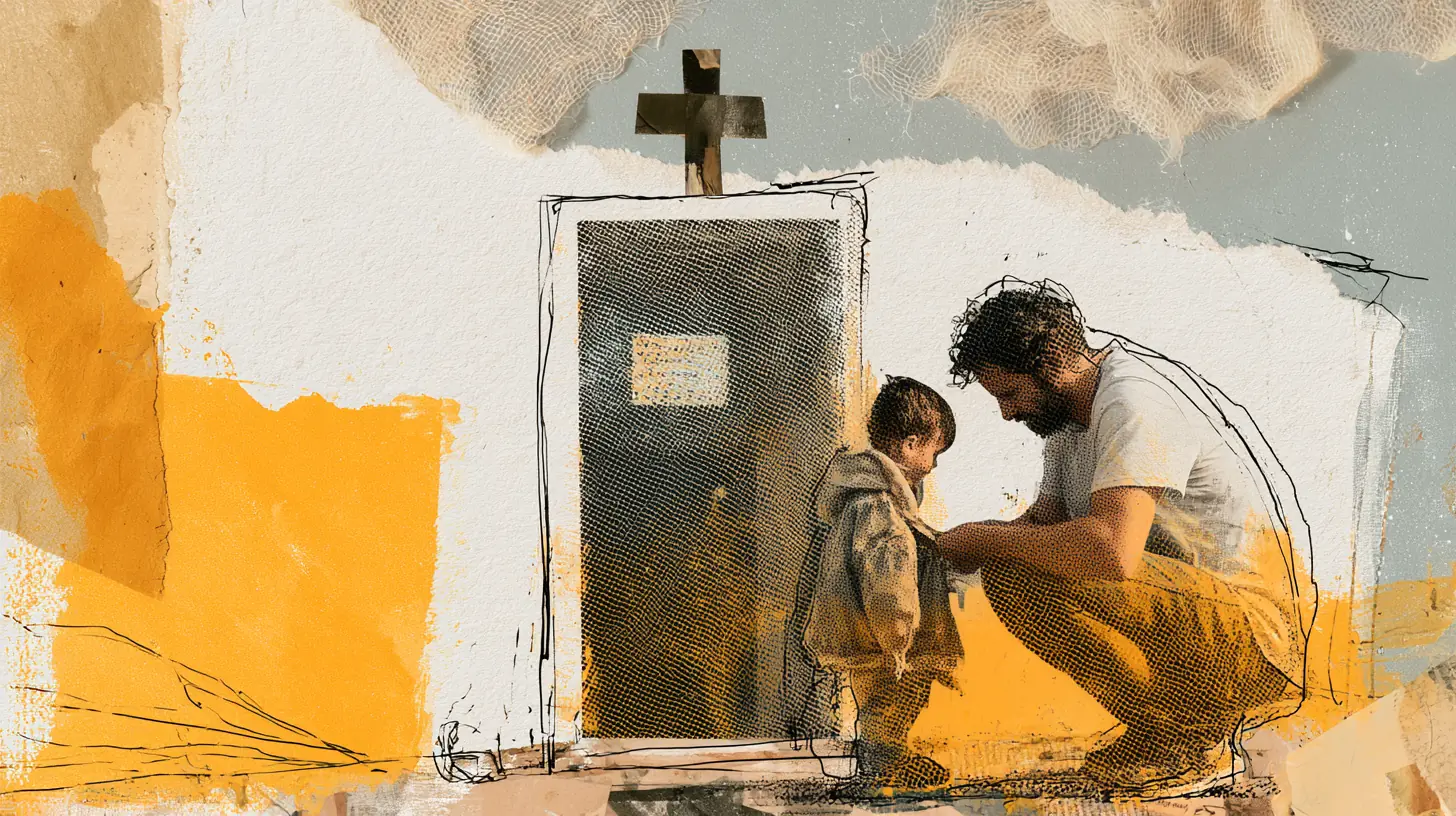 American father zipping his young son's jacket outside a clinic entrance, a family covered by a medical loan