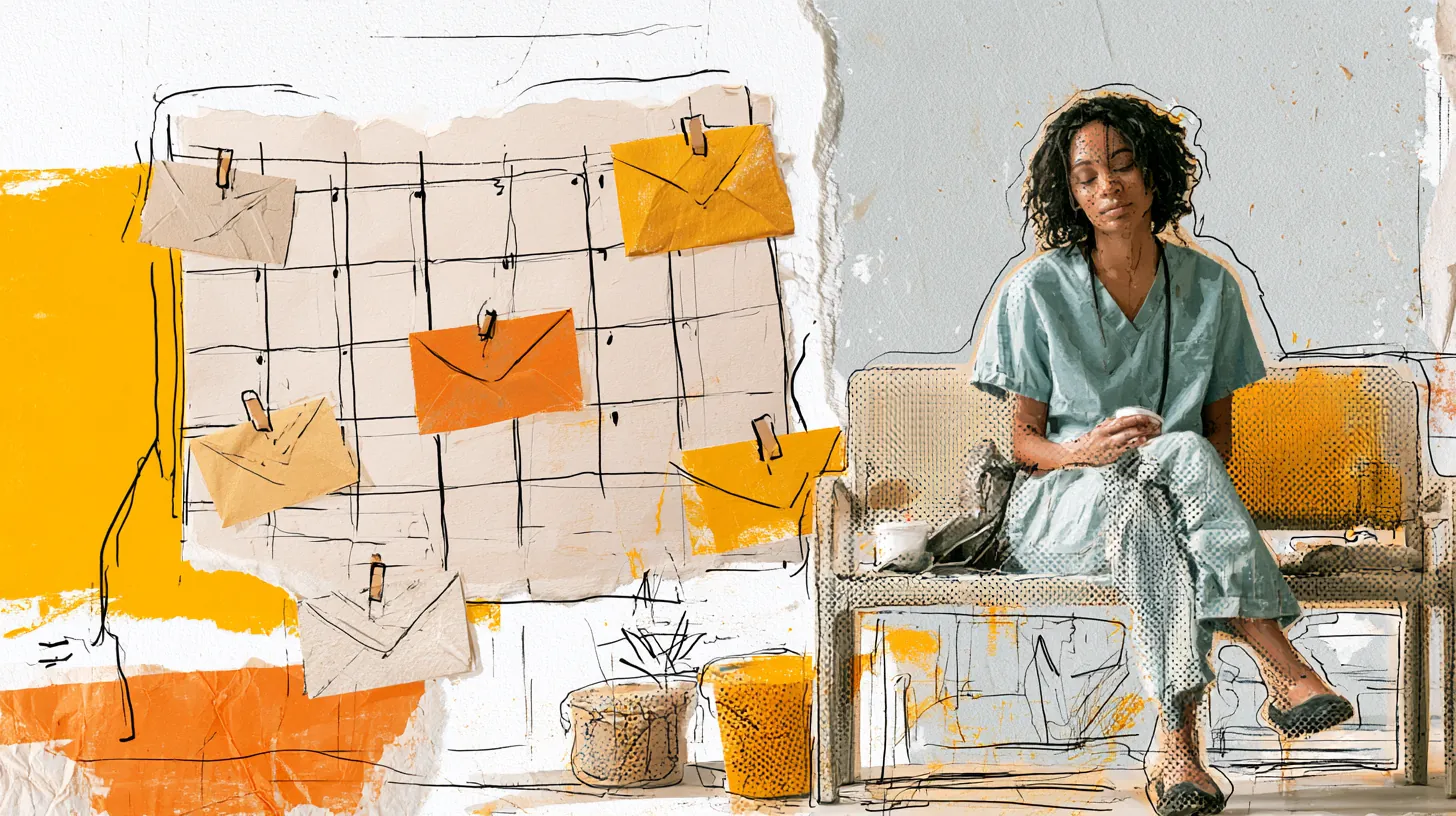 American nurse in scrubs on a hospital courtyard bench during a break, beside a paper calendar marked with pay dates for personal loan repayment