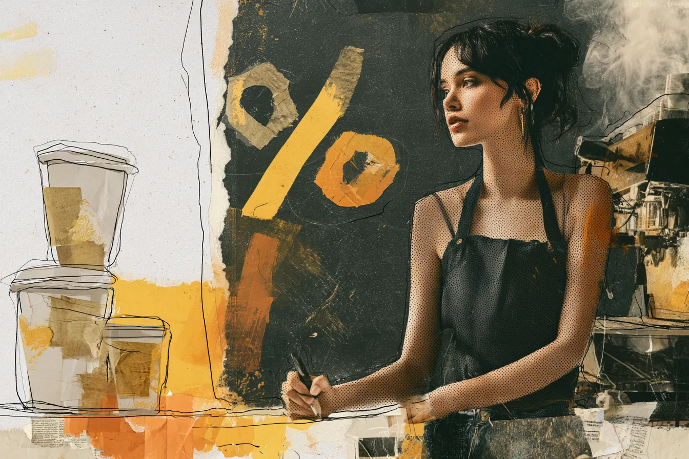 American barista writing personal loan rate percentages on a coffee shop chalkboard, a Split Rent Payments rates illustration